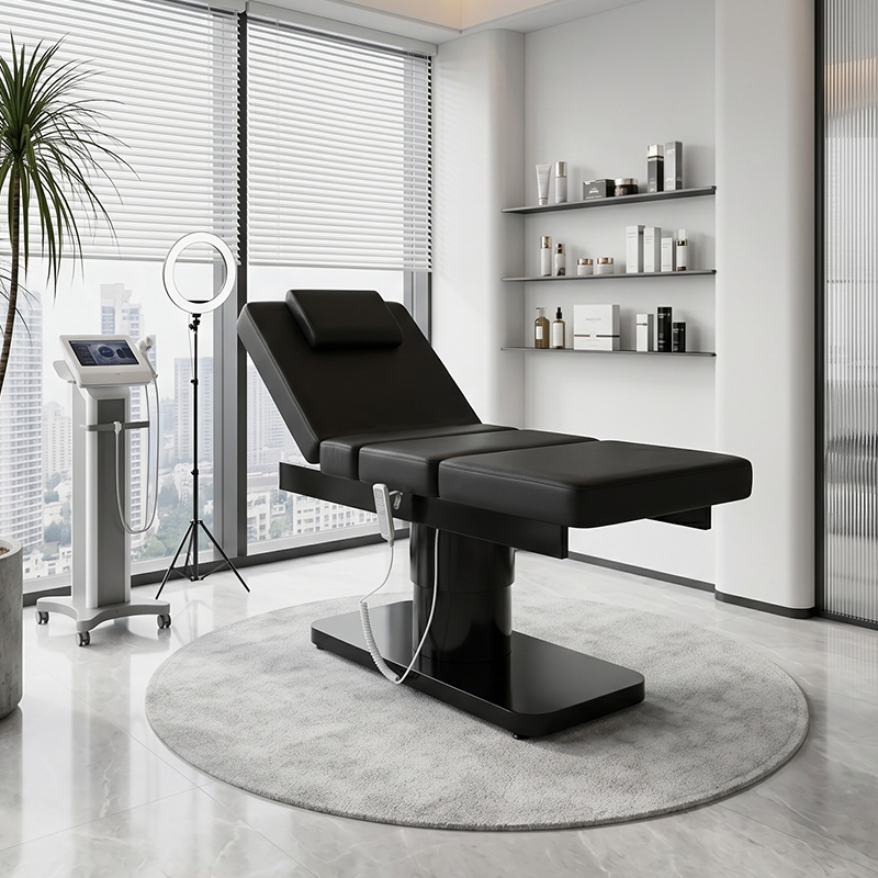 Wellness Spa And Salon - سرير تدليك أسود بسيط بثلاثة محركات